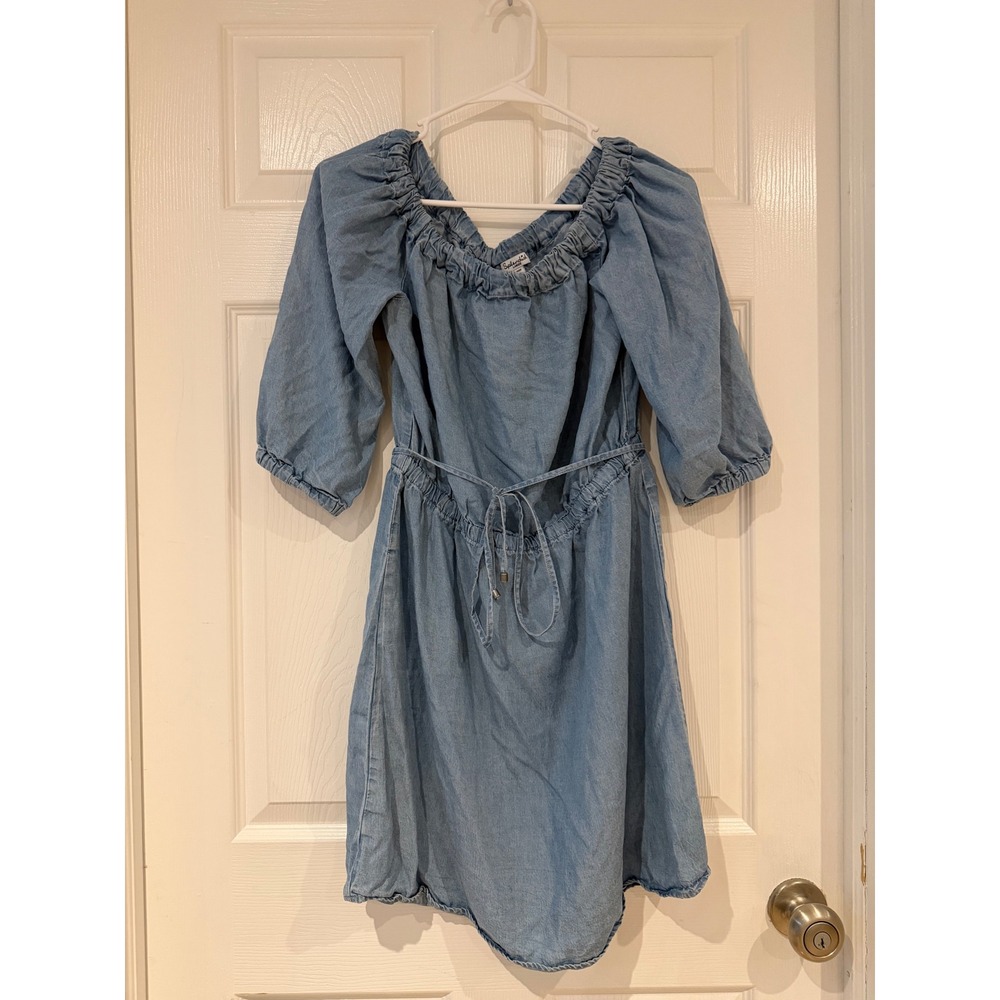 Splendid Blue Lyocell Off Shoulder Puff Sleeve Mini Dress Large Coastal Summer